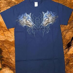Vintage Wolf Double Heads Tribal Art Navy T-Shirt Short Sleeve Retro Size 3XL